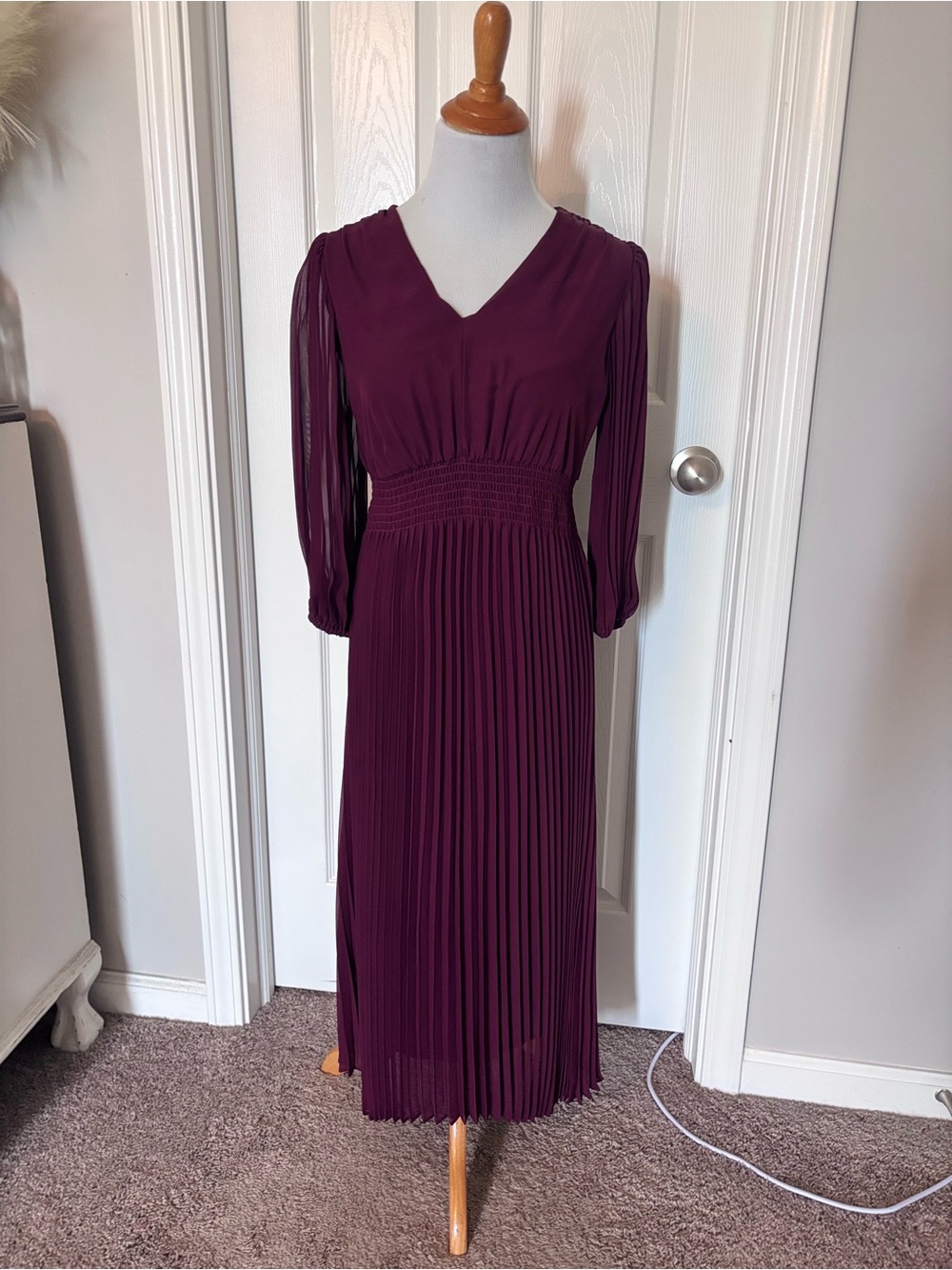 Taylor Burgundy V-Neck Pleated Chiffon Midi Dress